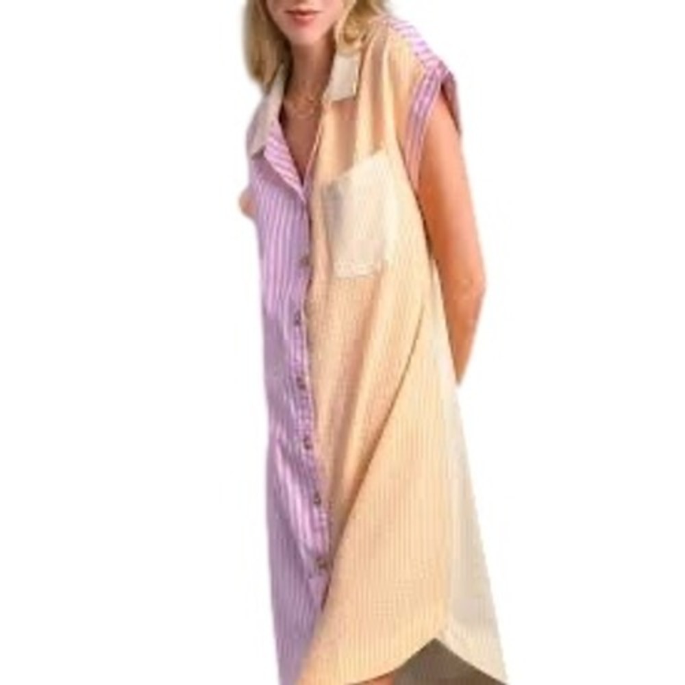 Umgee USA Colorblock Seersucker Stripe Button Down Shirt Dress Pink Orange S